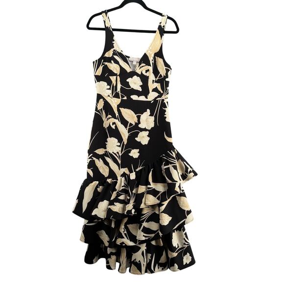 Chelsea 28 Dresses & Skirts - Chelsea 28 Print Tiered Ruffle Sleeveless Midi Dress Women S Black Plunge V Neck